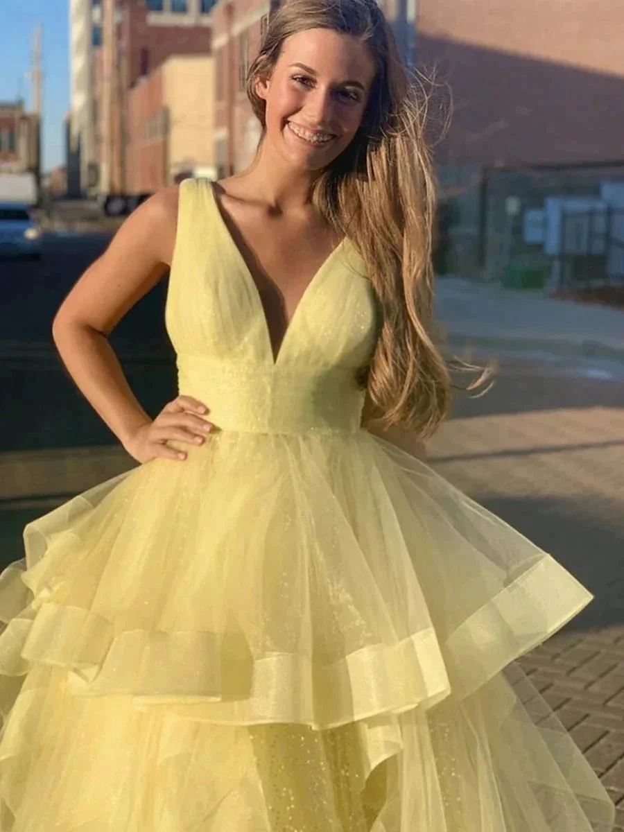Shiny Yellow Long A-line V-neck Fluffy Tulle Graduation Prom Dresses - Image 2