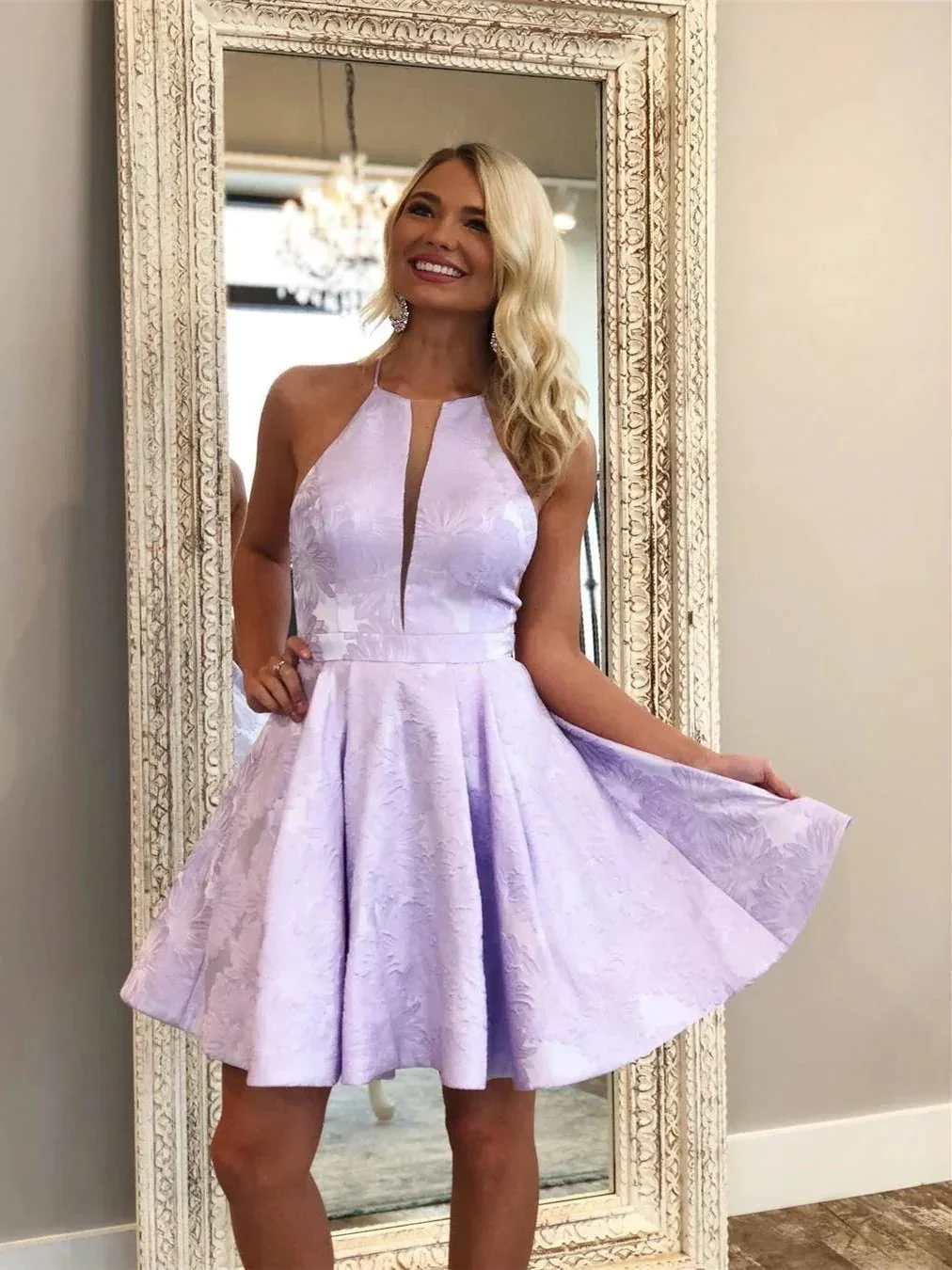 Short A-Line Deep V-Neck Halter Sleeveless Homecoming Dress - Image 2