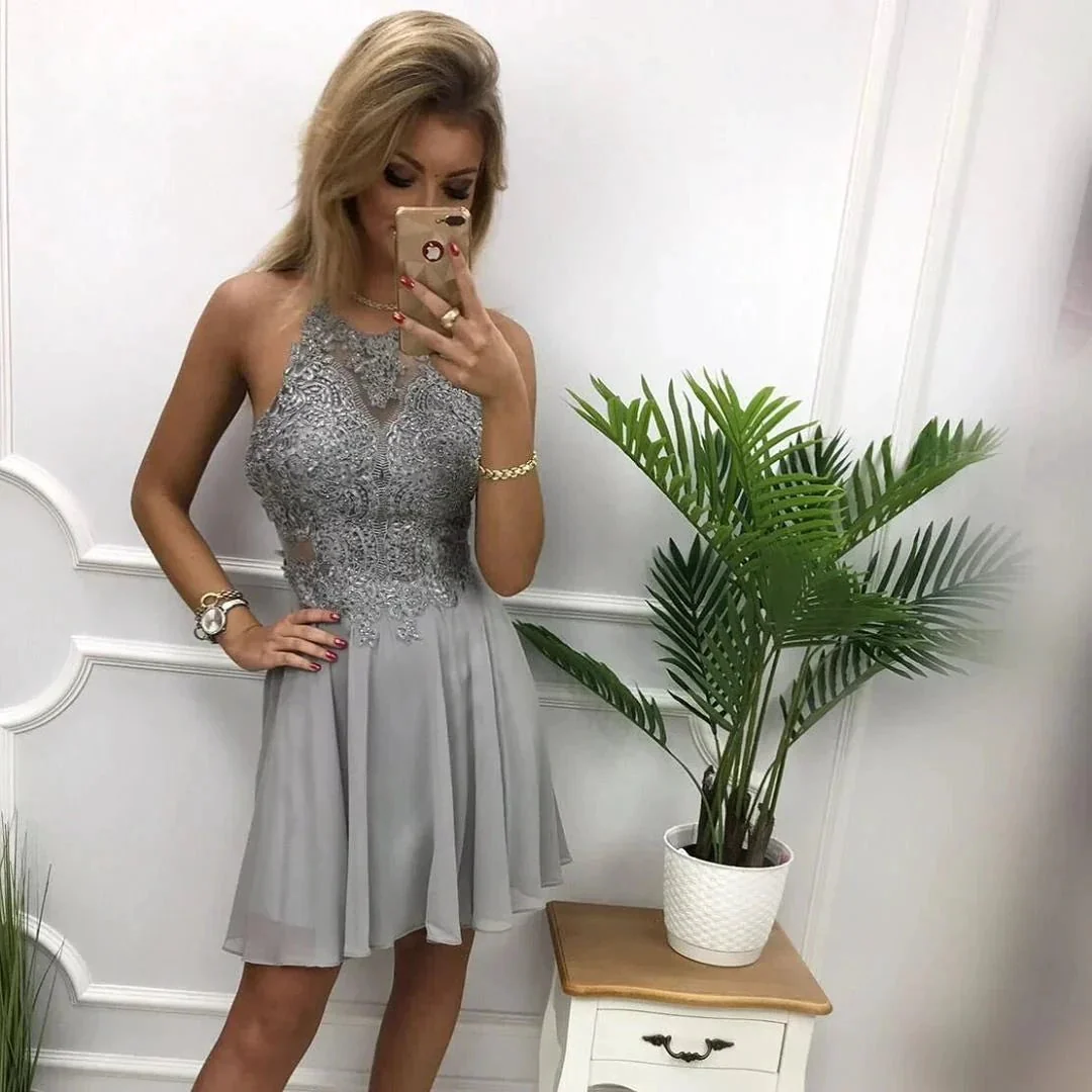 Short A-line Halter Chiffon Lace Prom Formal Homecoming Dresses - Image 2