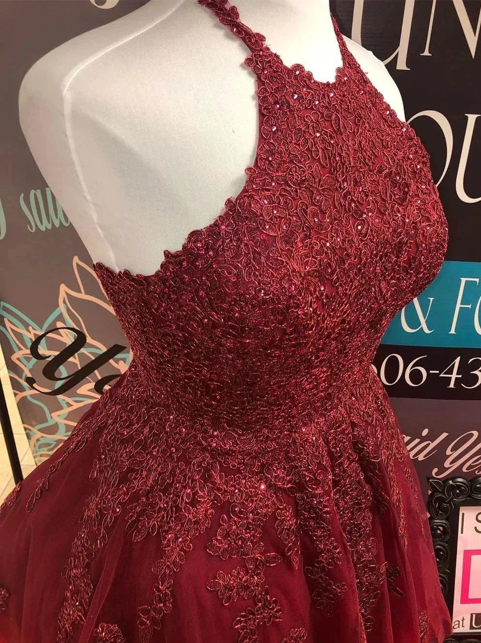 Short A-line Halter Lace Tulle Backless Prom Homecoming Dresses - Image 2