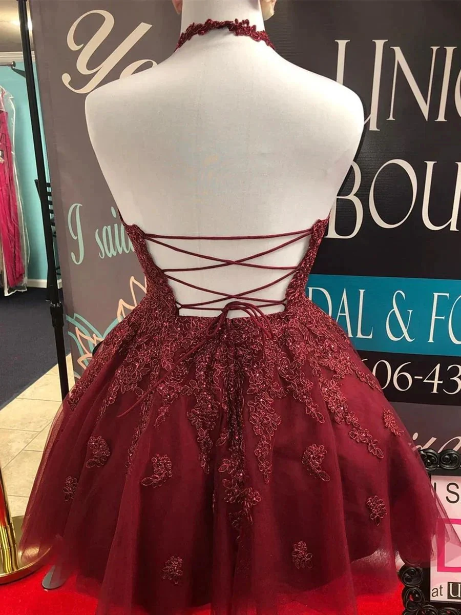 Short A-line Halter Lace Tulle Backless Prom Homecoming Dresses - Image 3