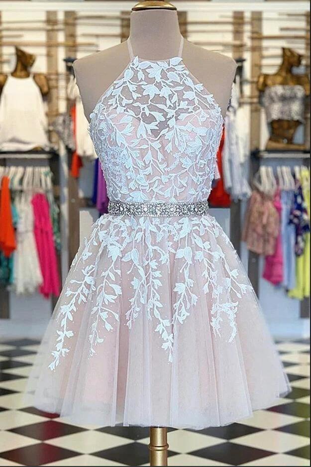 Short A-line Halter Lace Tulle Prom Dress With Beading Sash - Image 2