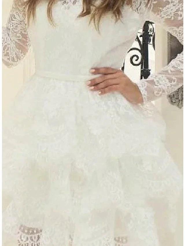 Short A-line Lace Tulle Jewel Neck Wedding Dresses with Sleeves - Image 3