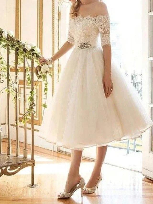 Short A-Line Off Shoulder Lace Tulle Wedding Dresses with Sleeves - Image 2