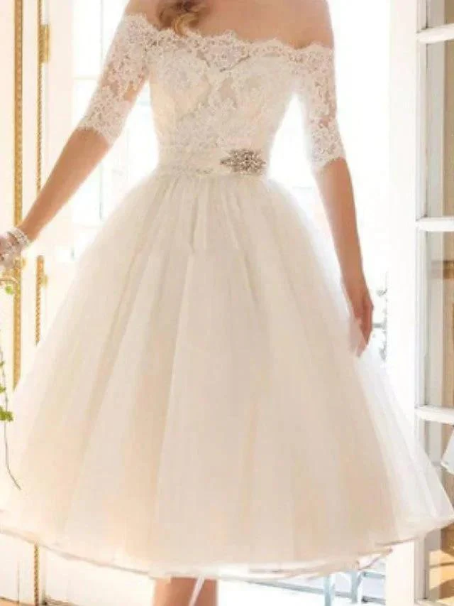Short A-Line Off Shoulder Lace Tulle Wedding Dresses with Sleeves - Image 3