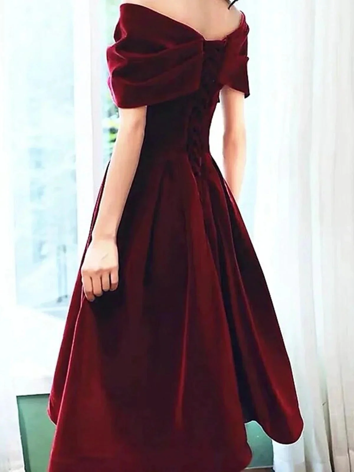 Short A-line Off the Shoulder Velvet Prom Dress Burgundy Formal Graduation Evening Dresses - Image 2