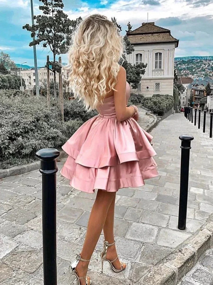Short A-line One Shoulder Layered Satin Short Prom Homecoming Dresses - Image 2