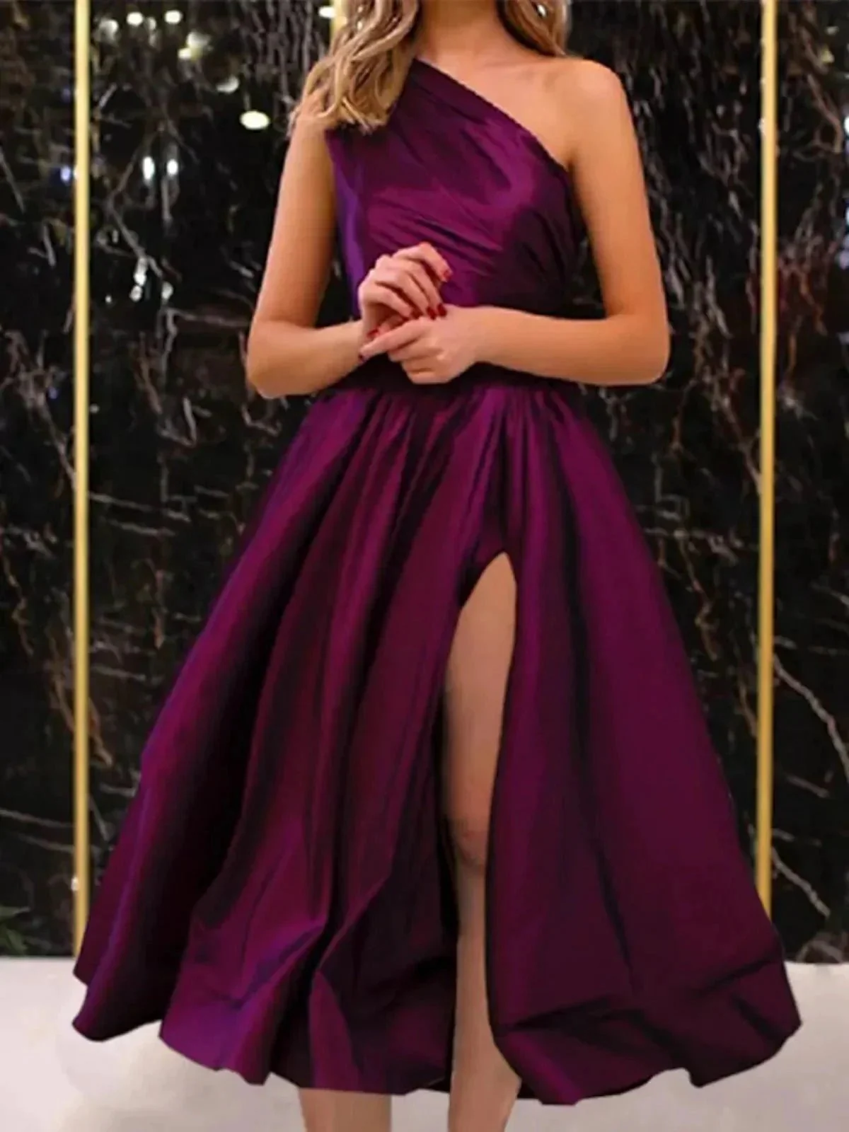 Short A-line One Shoulder Satin Formal Prom Homecoming Dresses with Slit - Image 2