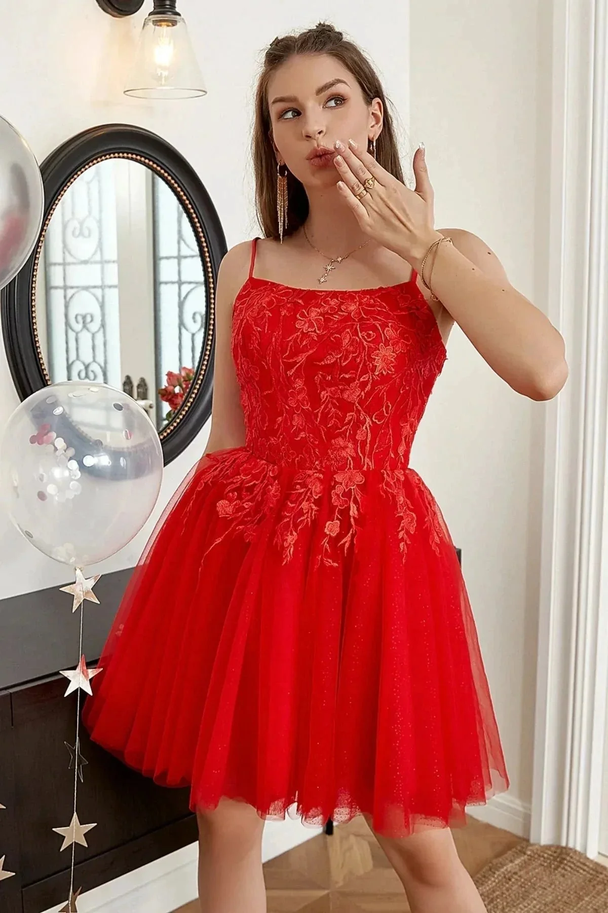 Short A-line Scoop Neck Tulle Lace Backless Prom Dresses Red Homecoming Dresses - Image 5