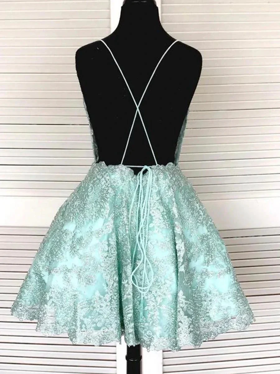 Short A-line Sleeveless Lace Open Back Formal Graduation Homecoming Dresses - Image 2