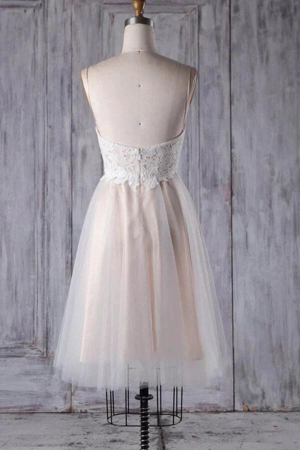 Short A-line Spaghetti Strap Lace Tulle Wedding Dress - Image 2