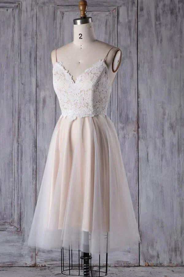 Short A-line Spaghetti Strap Lace Tulle Wedding Dress - Image 3