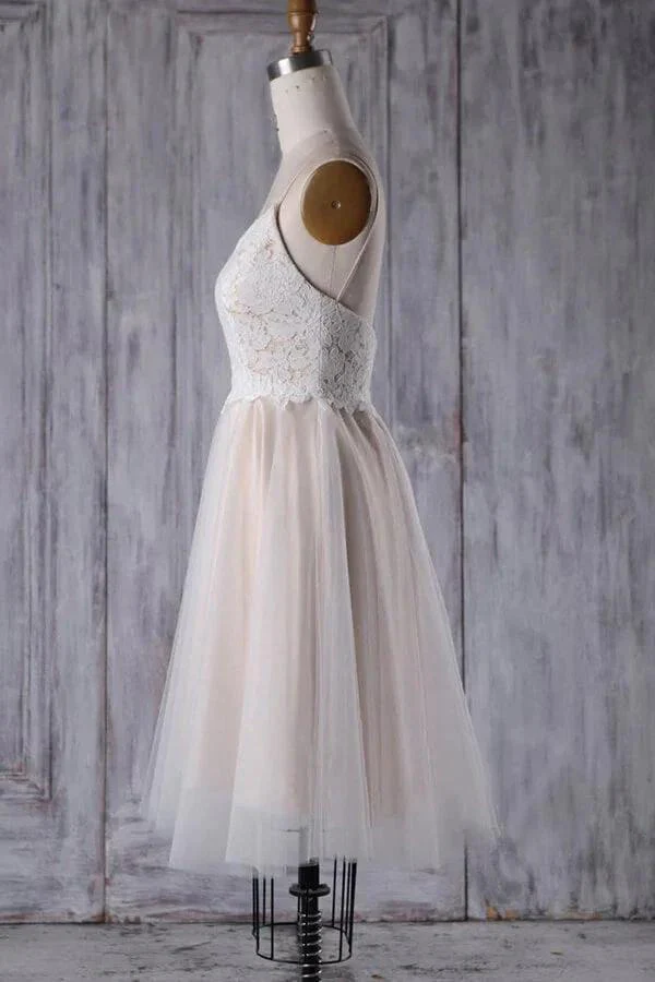 Short A-line Spaghetti Strap Lace Tulle Wedding Dress - Image 4