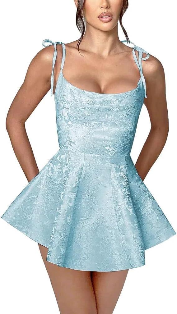 A-line Short Homecoming Dress Spaghetti Straps Satin Sleeveless Party Dress Jacquard Party Dresses - Image 9