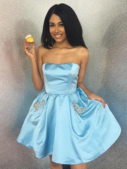 Short A-line Strapless Beading Satin Homecoming Dress with Pockets - Image 2