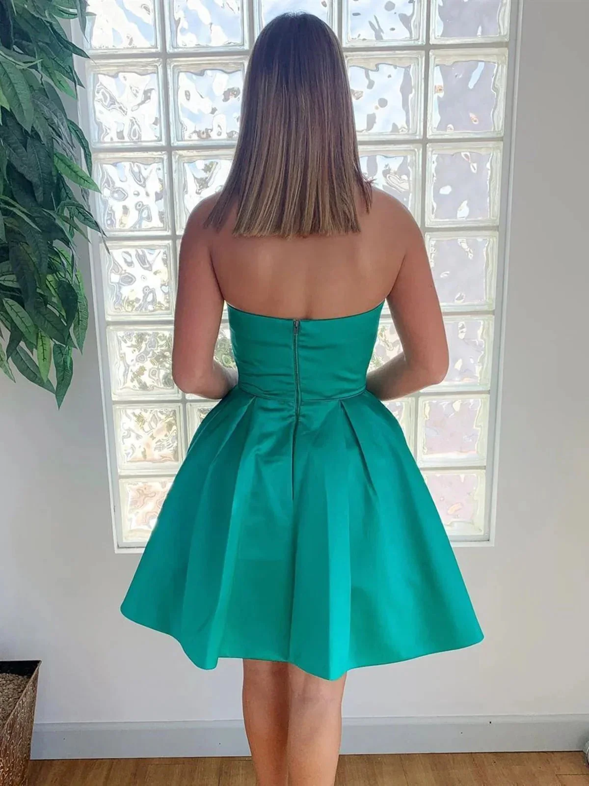 Short A-line Strapless Satin Formal Prom Homecoming Dresses with Pockets - Image 2