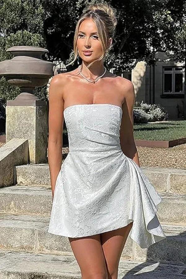 A-line Strapless Sleeveless Short Homecoming Dress Jacquard Satin Asymmetrical Lace up Party Dresses - Image 2