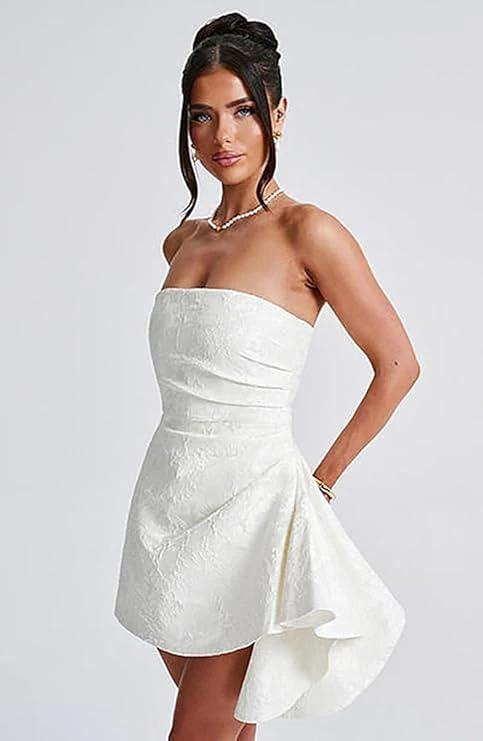 A-line Strapless Sleeveless Short Homecoming Dress Jacquard Satin Asymmetrical Lace up Party Dresses - Image 3
