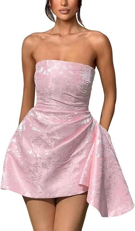 A-line Strapless Sleeveless Short Homecoming Dress Jacquard Satin Asymmetrical Lace up Party Dresses - Image 4