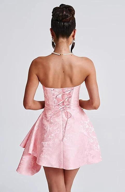 A-line Strapless Sleeveless Short Homecoming Dress Jacquard Satin Asymmetrical Lace up Party Dresses - Image 5