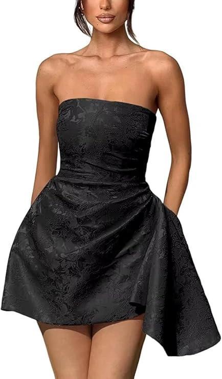 A-line Strapless Sleeveless Short Homecoming Dress Jacquard Satin Asymmetrical Lace up Party Dresses - Image 6