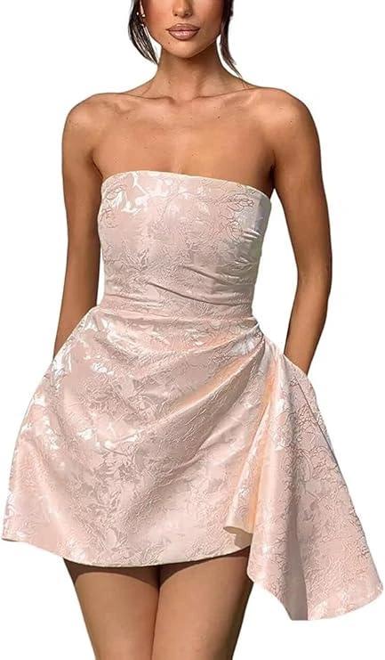 A-line Strapless Sleeveless Short Homecoming Dress Jacquard Satin Asymmetrical Lace up Party Dresses - Image 7