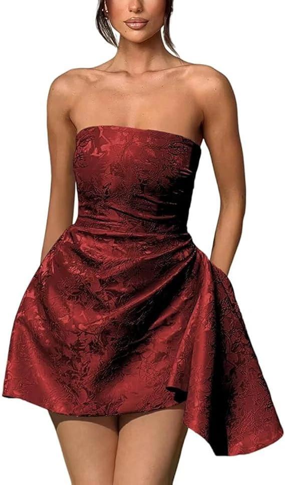 A-line Strapless Sleeveless Short Homecoming Dress Jacquard Satin Asymmetrical Lace up Party Dresses - Image 8