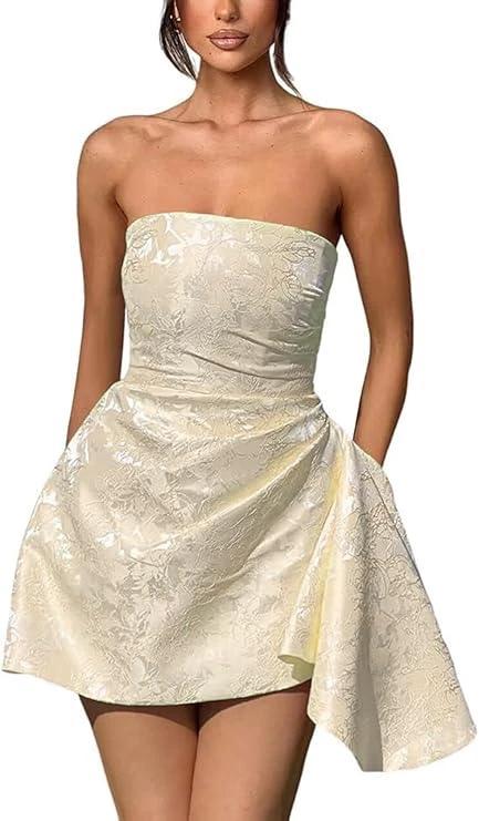 A-line Strapless Sleeveless Short Homecoming Dress Jacquard Satin Asymmetrical Lace up Party Dresses - Image 9
