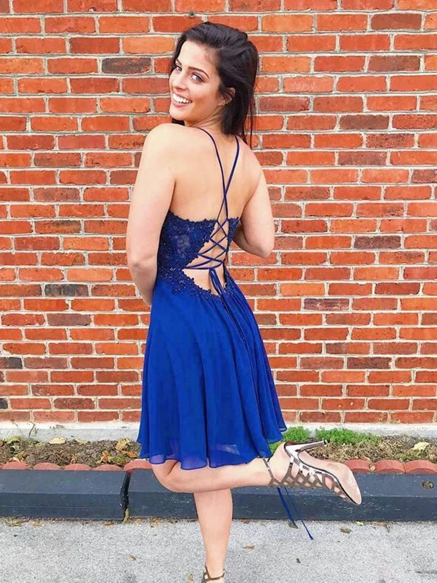 Short A-line V-neck Chiffon Lace Backless Beaded Prom Homecoming Dresses - Image 2