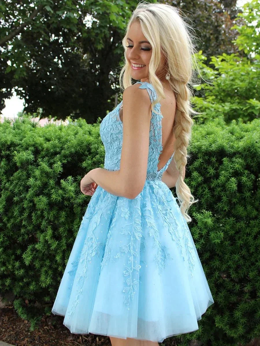 Short A-line V Neck Lace Appliques Tulle Backless Homecoming Prom Dresses - Image 2
