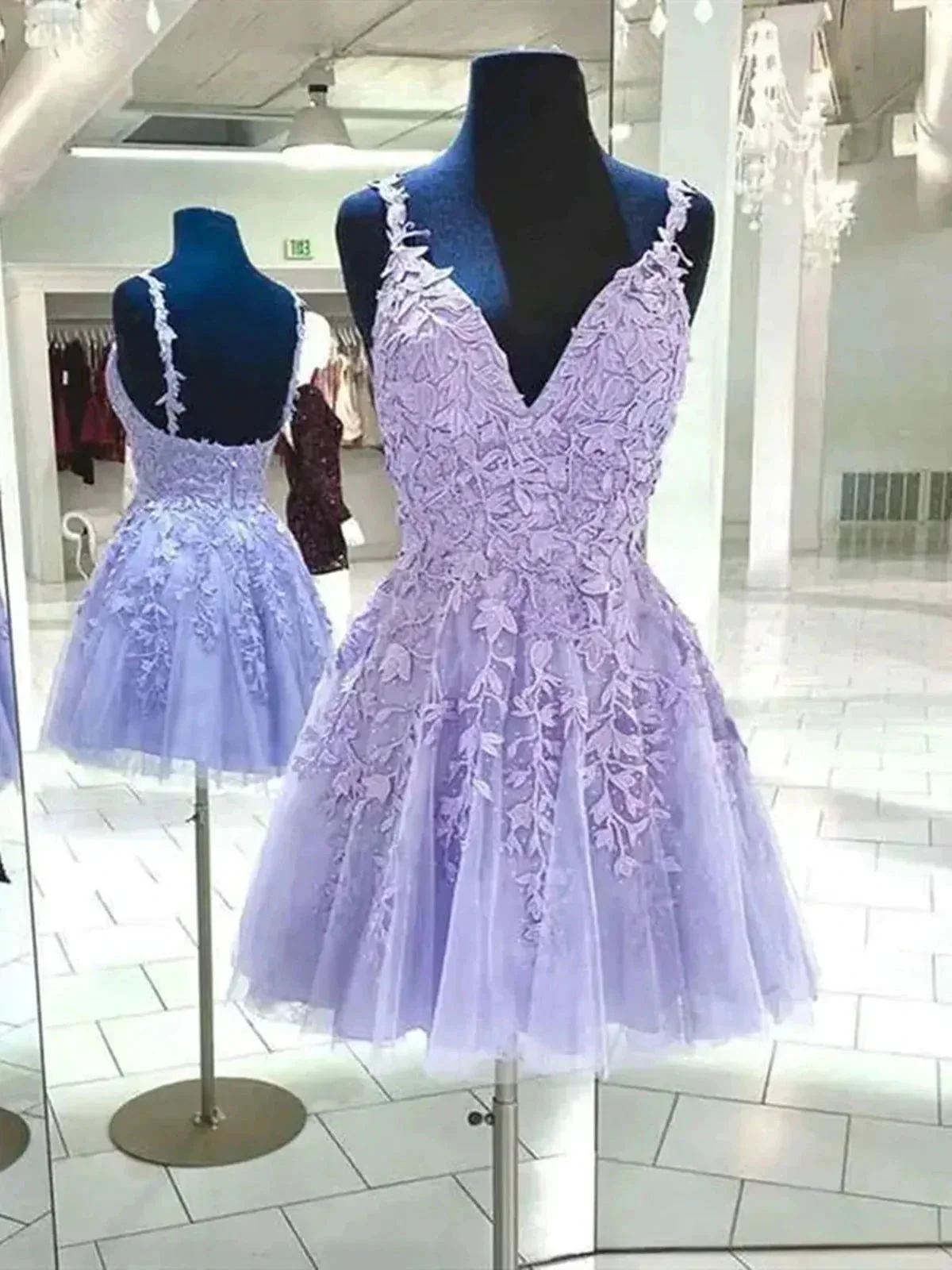 Short A-line V-neck Lace Tulle Backless Prom Dress Pink Homecoming Dresses - Image 3