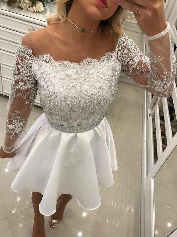 Short A Line White Lace Long Sleeves Chiffon Prom Dresses - Image 3