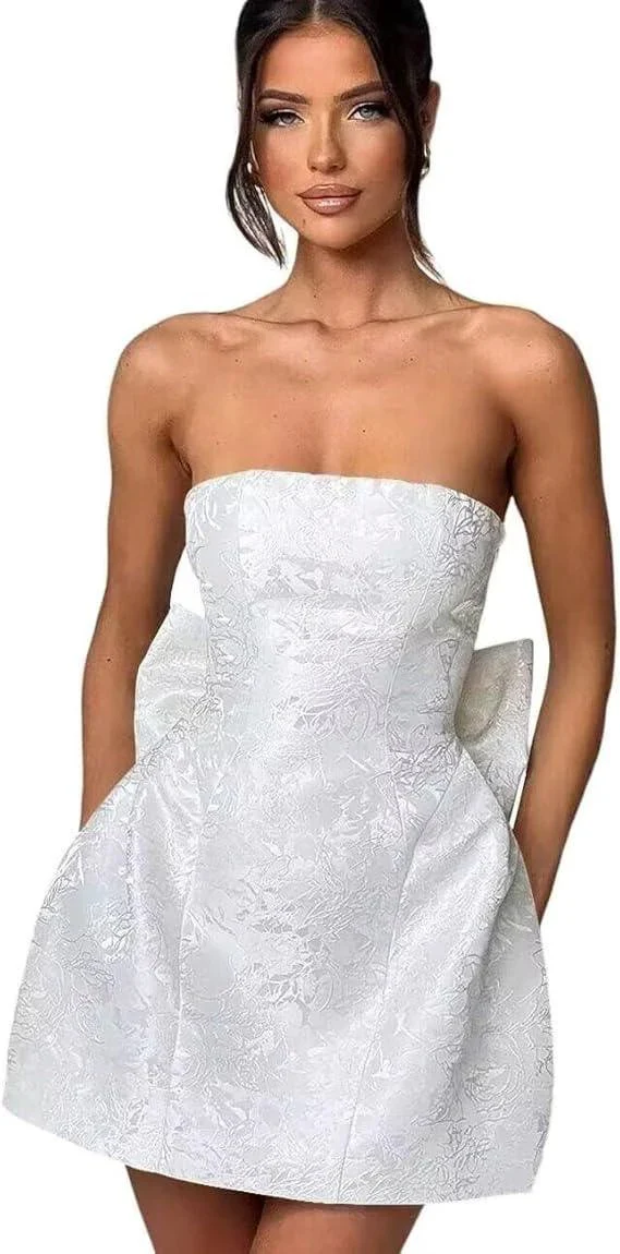 Strapless Short Ball Gown Homecoming Dress Sleeveless Lace up Jacquard Satin Party Dresses with Bow - Image 10