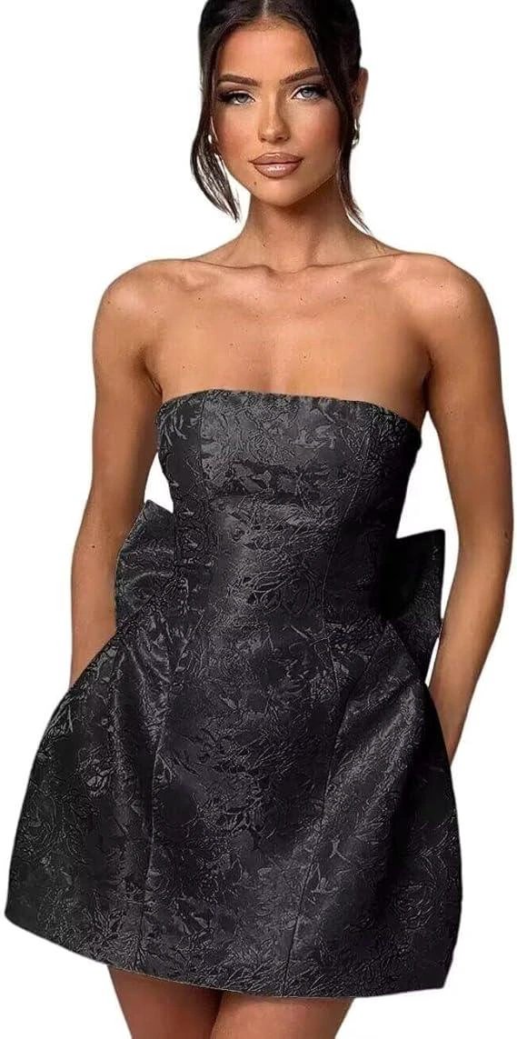 Strapless Short Ball Gown Homecoming Dress Sleeveless Lace up Jacquard Satin Party Dresses with Bow - Image 3