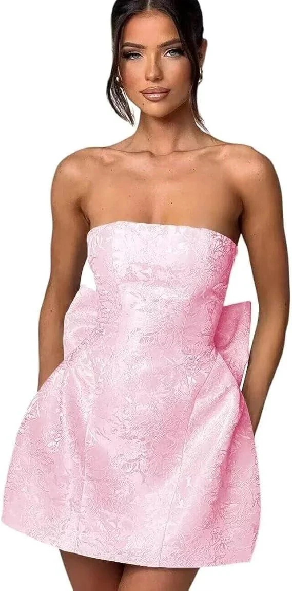 Strapless Short Ball Gown Homecoming Dress Sleeveless Lace up Jacquard Satin Party Dresses with Bow - Image 4