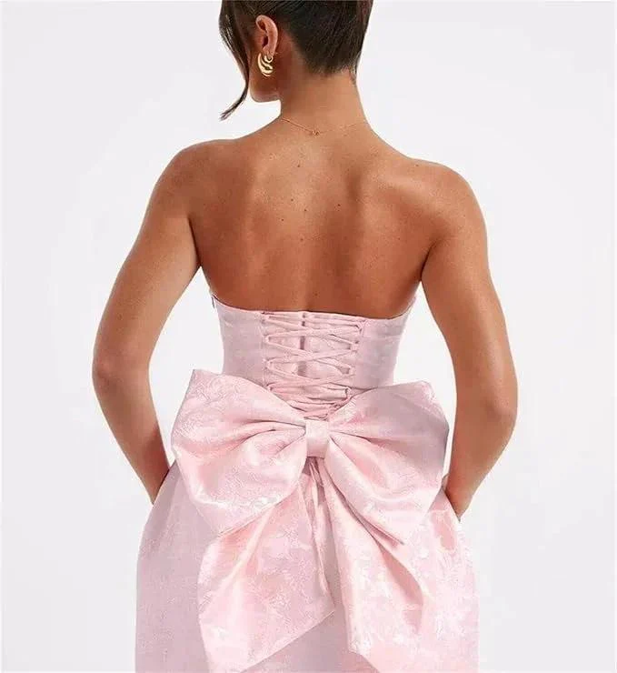 Strapless Short Ball Gown Homecoming Dress Sleeveless Lace up Jacquard Satin Party Dresses with Bow - Image 5