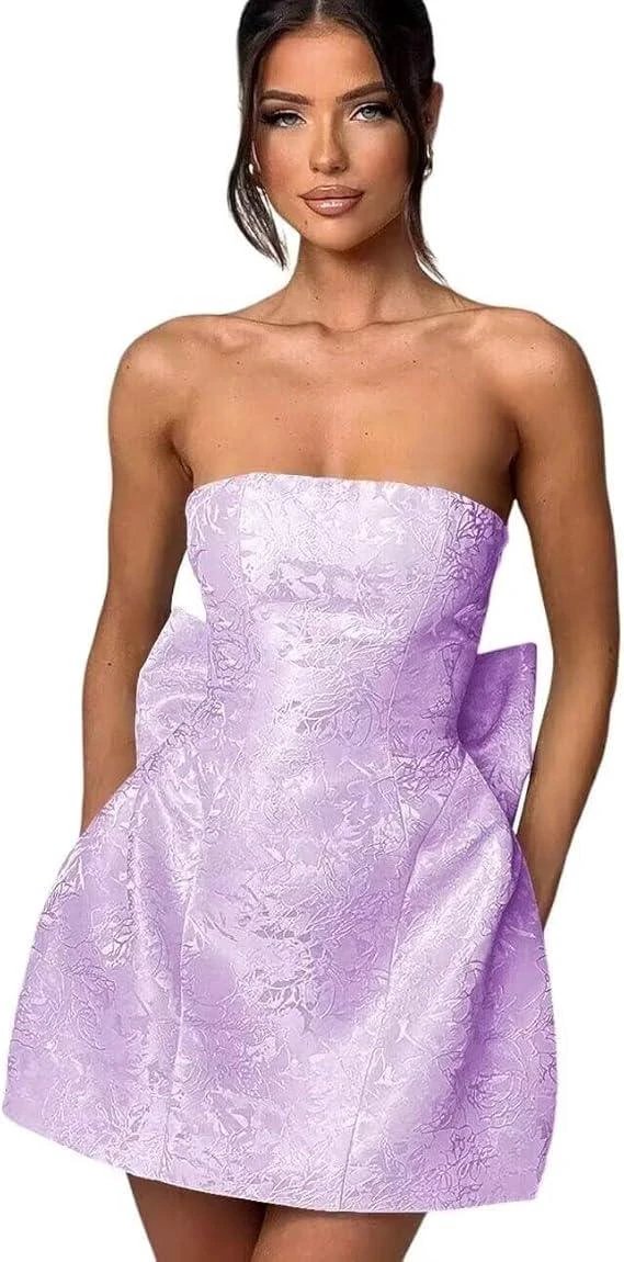 Strapless Short Ball Gown Homecoming Dress Sleeveless Lace up Jacquard Satin Party Dresses with Bow - Image 7