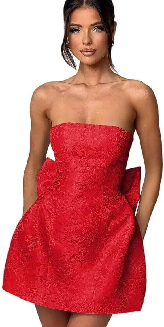 Strapless Short Ball Gown Homecoming Dress Sleeveless Lace up Jacquard Satin Party Dresses with Bow - Image 8