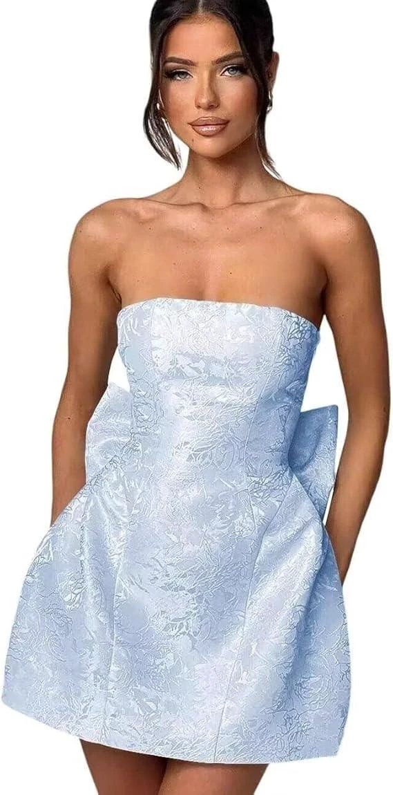 Strapless Short Ball Gown Homecoming Dress Sleeveless Lace up Jacquard Satin Party Dresses with Bow - Image 9