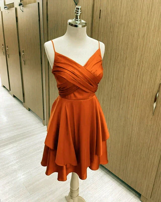 Short Burnt Orange Satin Cocktail Dresses V-neck Semi Formal Dress,Homecoming Dress Y1457 - Image 2