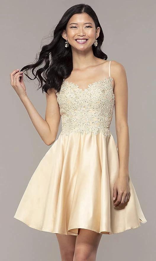 Lace Short Beaded Homecoming Dresses Satin Prom Dress with Pockets SYH82 - Image 2