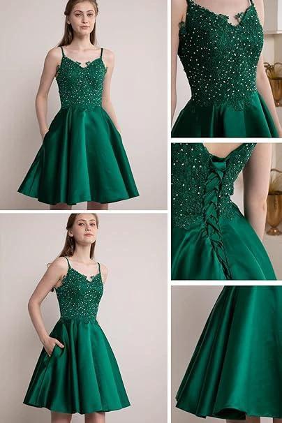 Lace Short Beaded Homecoming Dresses Satin Prom Dress with Pockets SYH82 - Image 4