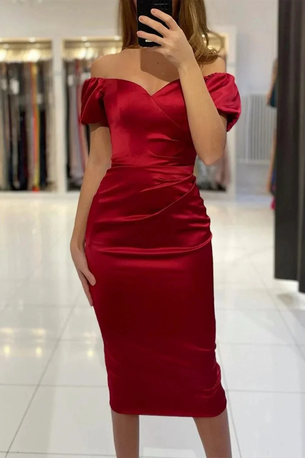 Short Mermaid Off the Shoulder Satin Tea Length Formal Prom Dresses with Sleeves - Image 3