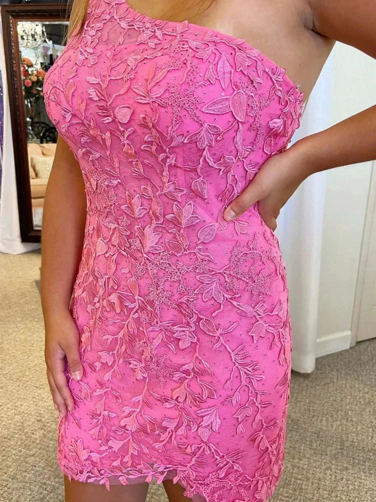 Short Mermaid One Shoulder Lace Prom Dresses Pink Homecoming Dresses - Image 3