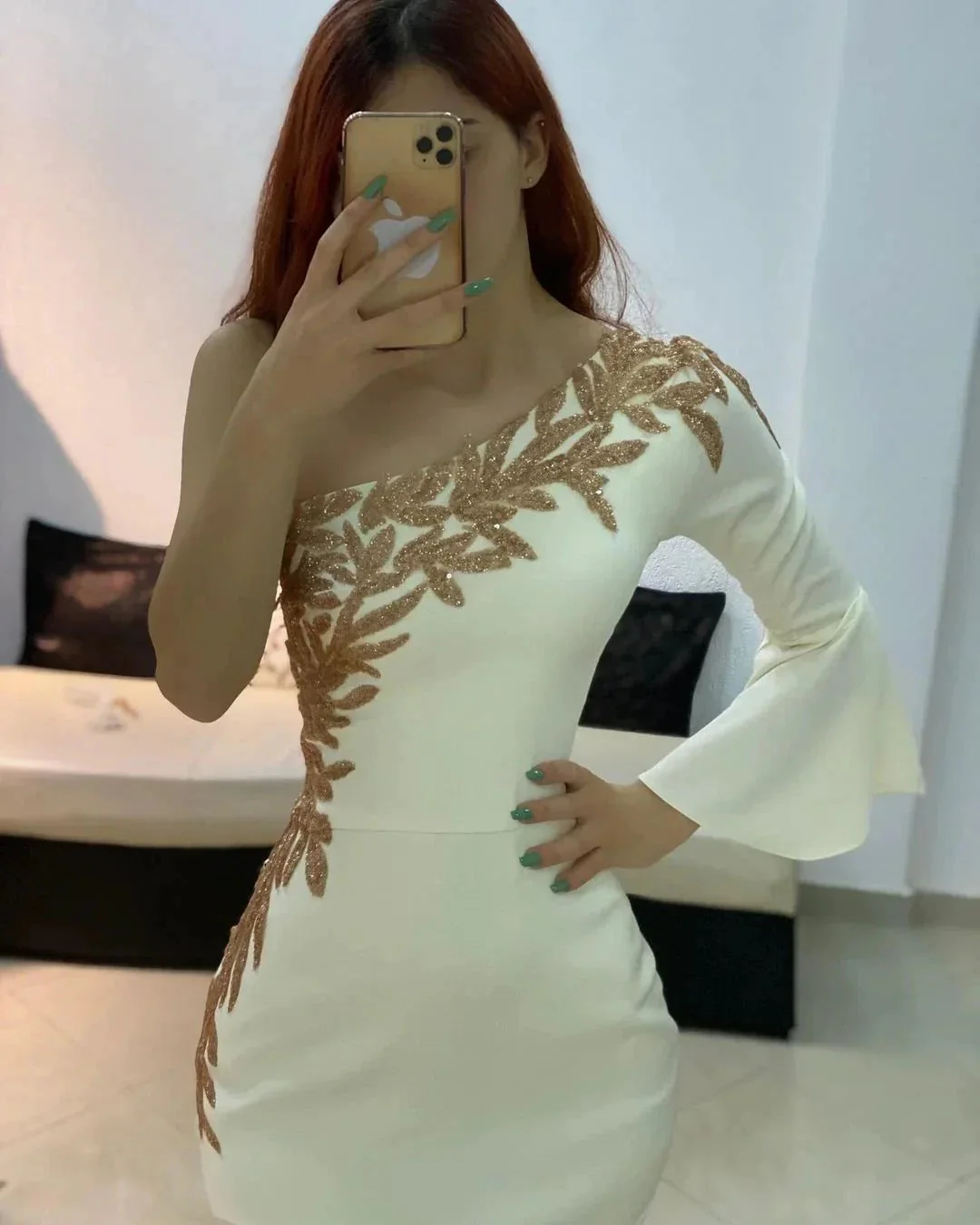 Short Mermaid One Shoulder Satin Formal Dress with Sleeves - Image 2