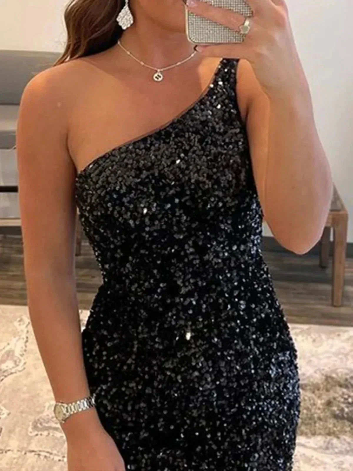 Short Mermaid One Shoulder Sequins Backless Prom Dresses Black Homecoming Dresses - Image 4