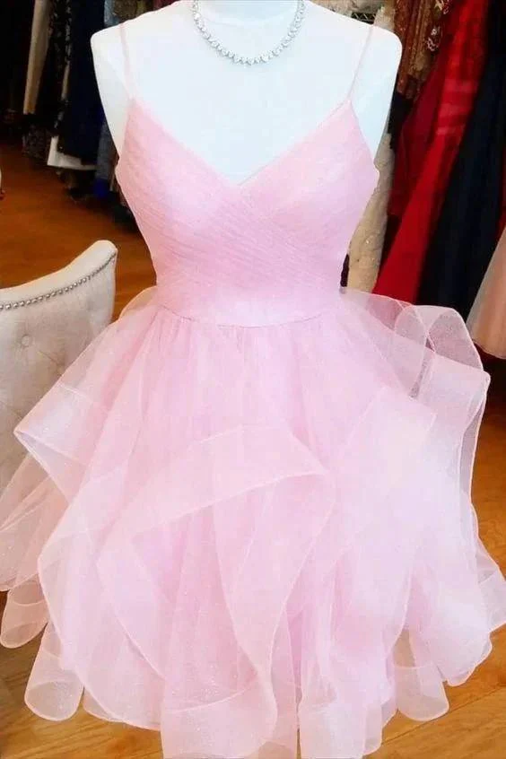 short pink A-line homecoming dress birthday dress with ruffled skirt Y1715 - Image 2