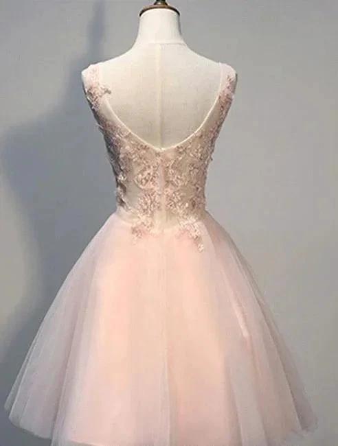 Short Pink A Line Tulle Prom Dresses With Lace Appliques - Image 2