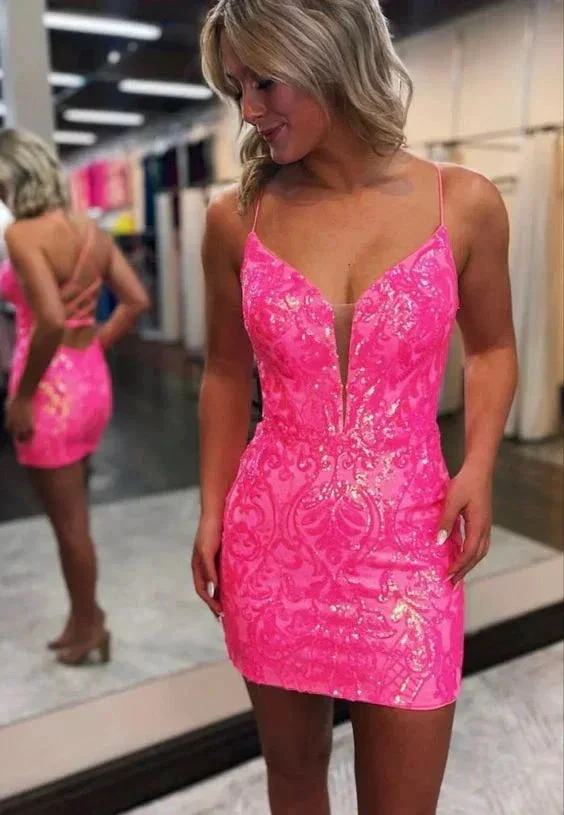 Short pink sequins prom dress Short Homecoming Dresses Y2901 - Image 2
