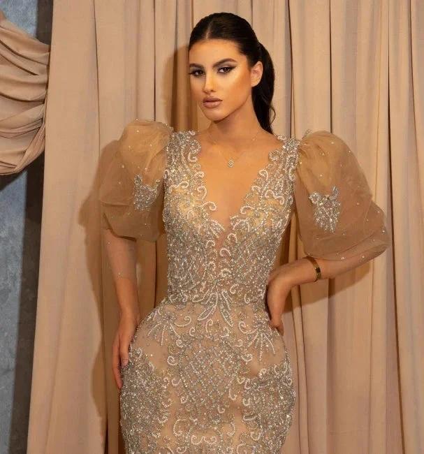 Short Puffy Sleeves V-neck Appliques Lace Floor-length Mermaid Prom Dress - Image 2